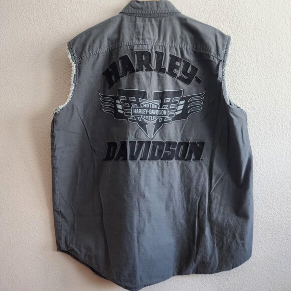 Harley-Davidson Sleeveless Shirt Mens XL Gray Frayed Denim Vest Biker 99053-13VM - Picture 10 of 13